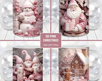 May include: Four different designs for a white ceramic mug with a pink Christmas theme. The designs feature a snowman, Santa Claus, gingerbread houses, and gnomes.