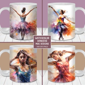 Aquarel dansers mok wrap bundel, 11oz en 15oz mok sjabloon, instant digitale download, mok sublimatie PNG, dans mok ontwerp
