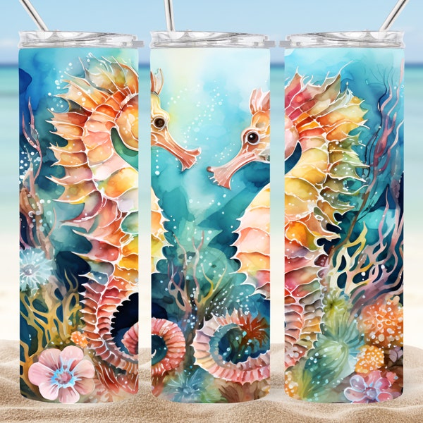 Watercolor Seahorses Tumbler Wrap, 20oz Skinny Tumbler Sublimation PNG, Straight and Tapered Tumbler Wrap, Instant Digital Download