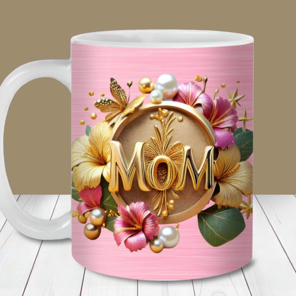 3D Mom Gold and Pink Mug Wrap PNG, 11oz and 15oz Mug Template, Instant Download, Mug Sublimation PNG, Mother's Day Gift