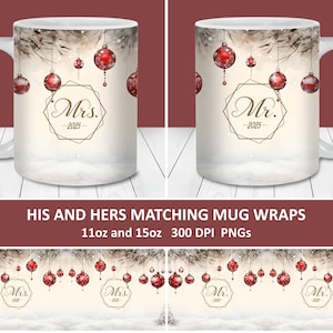 Mr and Mrs 2025 Christmas Mug Wrap PNG, 11oz and 15oz Mug Template Sublimation PNG, Instant Digital Download, His and Hers Matching Red Mugs