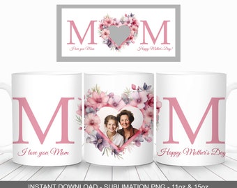 Mother's Day Floral Heart Frame Mug Wrap, 11oz and 15oz Mug Template, Instant Download, Mug Sublimation PNG, Add Photo Mug Wrap
