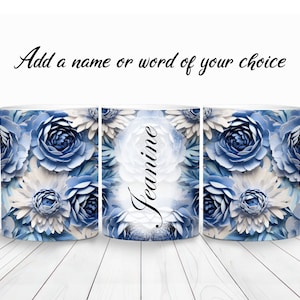 3D blau weiße Pfingstrosen Becherverpackung, 11 Unzen und 15 Unzen Bechervorlage, sofortiger digitaler Download, Becher Sublimation PNG, personalisierter Namensbecher, Blumenbecher