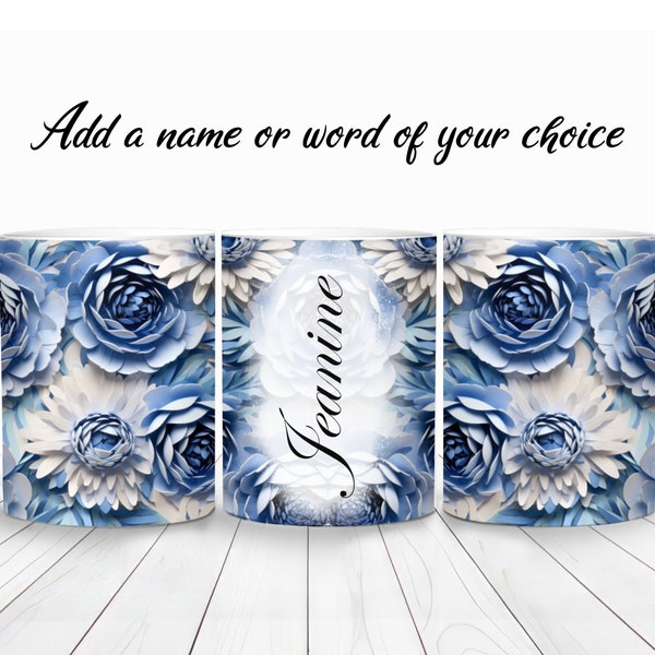 3D Blue White Peonies Mug Wrap, 11oz and 15oz Mug Template, Instant Digital Download, Mug Sublimation PNG, Personalized Name Mug, Floral Mug