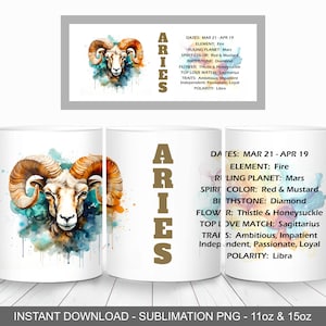 Widder Widder Sternzeichen Becher Wrap PNG, 11 Unzen und 15 Unzen Becher Wrap Vorlage, sofortiger digitaler Download, Becher Sublimation PNG, Widder Kaffeebecher Design,