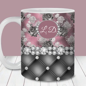 Vintage Rose diamant glam ajouter une enveloppe de tasse initiale, modèle de tasse de 11 oz et 15 oz, téléchargement immédiat, sublimation de tasse PNG, tasse de fête des mères