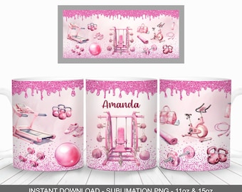 Pink Workout Mug Wrap, Custom Name, Gym Sublimation (Digital Download)