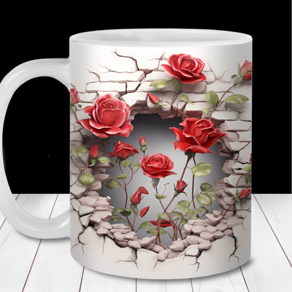 Roses rouges 3D trouées dans un mur pour emballage de tasse, modèle de tasse de 11 oz et 15 oz, téléchargement numérique instantané, sublimation de tasse PNG, tasse de cadeau de mariage