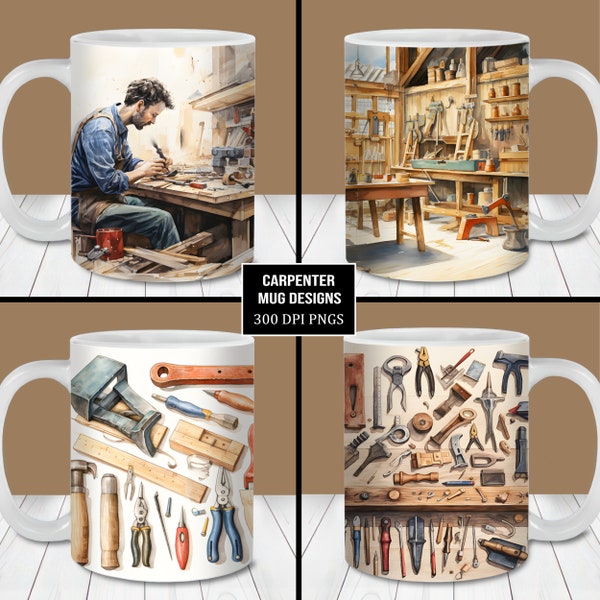 Watercolor Carpenter Tools Mug Wrap Bundle, 11oz and 15oz Mug Template, Instant Digital Download, Mug Sublimation PNG, Carpentry Mug Design