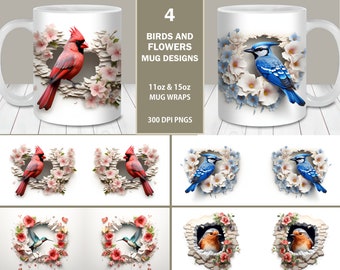 3D Birds Hole in a Wall Mug Wrap Bundle, 11oz and 15oz Mug Template, Instant Digital Download, Mug Sublimation PNG, Bird Coffee Mug Designs