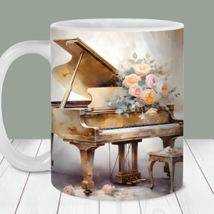 Shabby Chic Grand Piano Becherverpackung, 11 Unzen & 15 Unzen Becherverpackungs-Vorlage PNG, sofortiger digitaler Download, Becher Sublimation PNG, Klavierkaffeetasse PNG