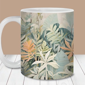 Pacote de embrulho de caneca de folhas tropicais, modelo de caneca de 11 onças e 15 onças, download instantâneo, PNG de sublimação de caneca, designs de caneca tropical, caneca de folhas pastel