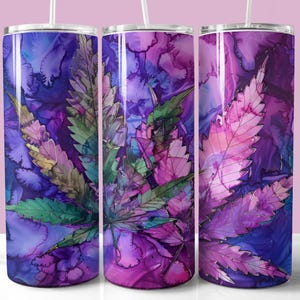 Rosa lila Cannabis Marihuana Tumbler Wrap, 20 Unzen Skinny Tumbler Sublimation PNG, Alkohol Tinte Weed Blatt Tumbler, Instant Download