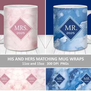 Mr and Mrs 2025 Pink Blue Marble Mug Wraps PNG, 11oz and 15oz Mug Template Sublimation PNG, Instant Download, His and Hers Matching Mug Set