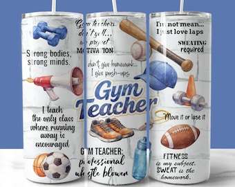 Bicchiere regalo per insegnante di ginnastica in formato PNG, citazioni divertenti sullo sport, bicchiere sottile da 20 once, stampa a sublimazione, download immediato