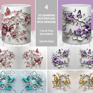3D Diamond Butterflies and Flowers Mug Wrap Bundle, 11oz and 15oz Mug Template, Instant Download, Mug Sublimation PNG, Butterfly Mug Wrap