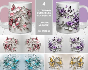 3D Diamond Butterfly Flower Mug Wrap Bundle (Digital Download)