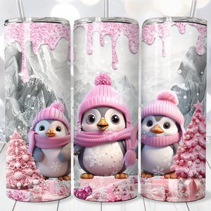 Envoltura de vaso de pingüinos de Navidad rosa 3D, sublimación de vaso flaco de 20 oz PNG, envoltura de vaso recto y cónico, descarga digital instantánea