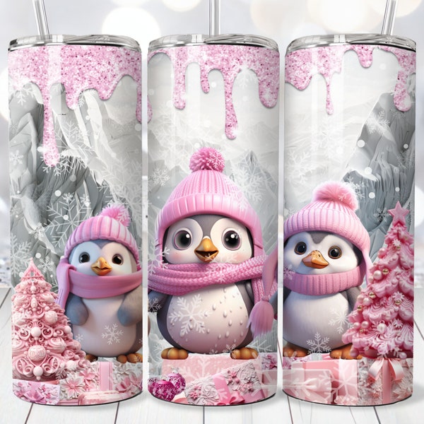 3D Pink Christmas Penguins Tumbler Wrap, 20 oz Skinny Tumbler Sublimation PNG, Straight and Tapered Tumbler Wrap, Instant Digital Download