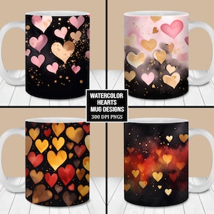 Aquarel Valentijn harten mok wrap bundel, 11oz en 15oz mok sjabloon, instant download, Valentijn mokontwerpen, harten koffiemok