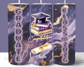 Purple and Gold 2026 Graduation Tumbler Wrap, 20oz Skinny Tumbler PNG, Personalized Graduation Gift, Custom Name and Date