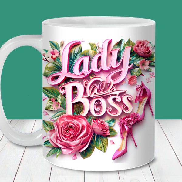 Pink Lady Boss Mug Wrap, 11oz and 15oz Mug Template, Instant Digital Download, Mug Sublimation PNG, Birthday Gift Mug, Pink Floral Mug