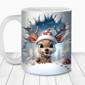 Renne 3D trou dans un mur pour emballage de tasse, 11 oz & 15 oz modèle d'emballage de tasse PNG, téléchargement numérique instantané, sublimation de tasse PNG, tasse de Noël 3D