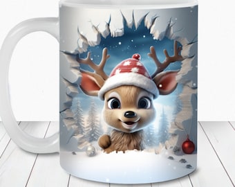 3D Reindeer Hole in a Wall Mug Wrap, 11oz & 15oz Mug Wrap Template PNG, Instant Digital Download, Mug Sublimation PNG, 3D Christmas Mug
