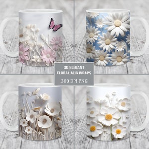 3D Elegant Floral Mug Wrap Bundle, modèle de tasse de 11 oz et 15 oz, téléchargement numérique instantané, Mug Sublimation PNG, tasse cadeau de la fête des Mères