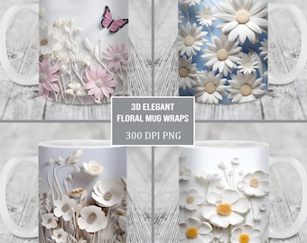 3D Elegant Floral Mug Wrap Bundle, 11oz and 15oz Mug Template, Instant Digital Download, Mug Sublimation PNG, Mother's Day Gift Mug