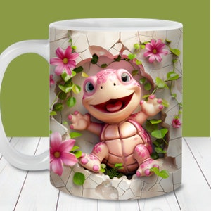 Niedliche rosa Schildkröte Loch in einer Wand Becher Wrap, 11 Unze und 15 Unze Becher Wrap Vorlage, sofortiger digitaler Download, Becher Sublimation PNG, Schildkröte Becher Design