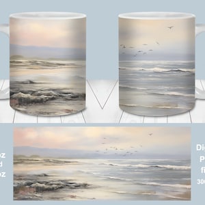 Involucro tazza con scena costiera pastello, modello tazza da 11 once e 15 once, download istantaneo, PNG sublimazione tazza, design tazza oceano