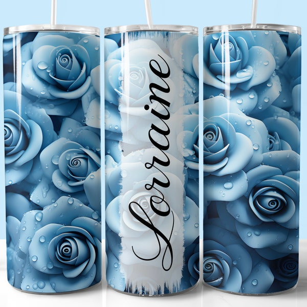 Blue Roses Add Name Tumbler Wrap, 20oz Skinny Tumbler PNG, Straight and Tapered Tumbler Wrap, Instant Download, Valentine Tumbler Wrap