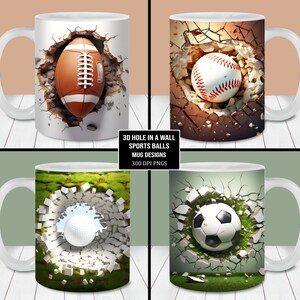 Buraco de bolas esportivas em um pacote de embrulho de caneca de parede, modelo de caneca de 11 onças e 15 onças, download digital instantâneo, sublimação de caneca PNG, canecas para amantes de esportes