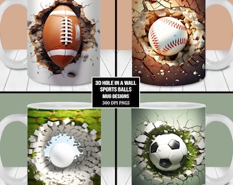 May include: Four white mugs with different sports balls breaking through a wall. The mugs feature a football, baseball, golf ball, and soccer ball.