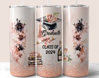 Graduate Class of 2024 Tumbler Wrap, 20oz Skinny Tumbler PNG, Straight and Tapered Tumbler Wraps, Rose Gold Graduation Tumbler Wrap