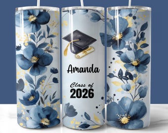 Envoltorio para vaso de graduación de 20 oz con diseño floral azul personalizado, regalo de la clase de 2026 (PNG, descarga digital), nombre y fecha personalizados