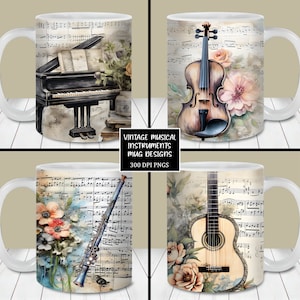 Grillige muziekinstrumenten mok wrap bundel, 11oz & 15oz mok wrap sjabloon PNG, instant digitale download, mok sublimatie PNG, muziek mok