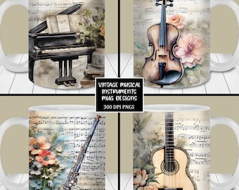 Whimsical Musical Instruments Mug Wrap Bundle, 11oz & 15oz Mug Wrap Template PNG, Instant Digital Download, Mug Sublimation PNG, Music Mug