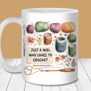 Gewoon een meisje dat dol is op het haken van mok wrap PNG, 11oz en 15oz mok sjablonen PNG, instant digitale download, haak breien mok ontwerp