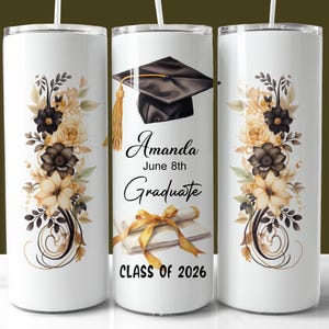 Envoltura para vaso de graduación de 2026, color dorado y negro, vaso delgado de 20 oz PNG, regalo de graduación personalizado de la clase de 2026, descarga instantánea
