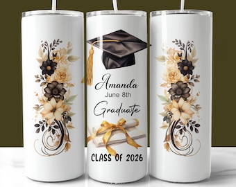 Adesivo para copo térmico dourado e preto de formatura de 2026, copo fino de 590ml (20oz), PNG, presente personalizado para a turma de 2026, download instantâneo.