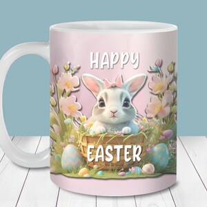 Niedliche rosa Osterkaninchen-Becher-Verpackung PNG, 11 Unze und 15 Unze Becher-Vorlage, Becher Sublimations PNG, Frohe Ostern Becher, Osterhasen-Kaffeetasse