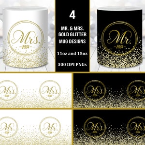 Lot d'emballages de tasse à paillettes d'or Mr et Mme 2024, modèle de tasse 11 oz et 15 oz, téléchargement immédiat, tasses assorties pour jeunes mariés, cadeau de mariage