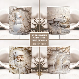 Paquete de envolturas para tazas navideñas blancas en 3D, plantilla para tazas de 11 oz y 15 oz, descarga digital instantánea, sublimación de tazas PNG, taza de café navideña
