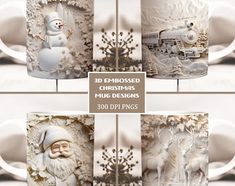 3D White Christmas Mug Wrap Bundle, 11oz and 15oz Mug Template, Instant Digital Download, Mug Sublimation PNG, Christmas Coffee Mug