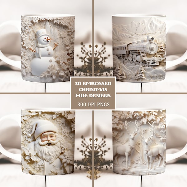 3D weiße Weihnachten Tasse Wrap Bundle, 11 Unzen und 15 Unzen Becher Vorlage, sofortiger digitaler Download, Becher Sublimation PNG, Weihnachten Kaffeetasse