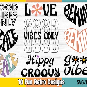 Paquete SVG de diseños retro, SVG hippie, SVG boho, SVG de paz, SVG de corazón amable, archivos para Cricut, Silhouette