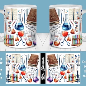 Nom du professeur de sciences chimie emballage de tasse PNG, modèle d'emballage de tasse 11 oz et 15 oz, sublimation de tasse PNG, cadeau étudiant enseignant personnalisé