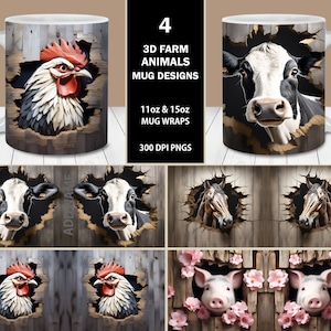 3D Farm Animals Mug Wrap Bundle, Instant Digital Download, 11oz and 15oz Mug Wrap Templates, Mug Sublimation PNG, Cow Coffee Mug